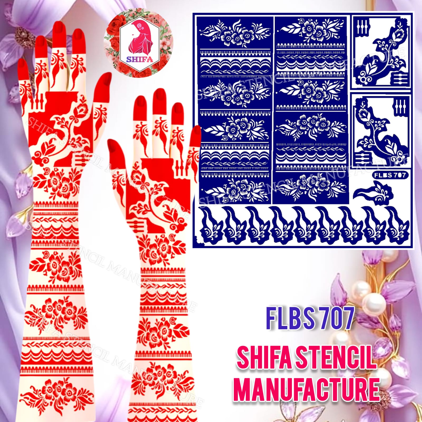 FLBS 707 Shehnai Floral Grace Mehndi Sticker Overview Henna Stencil - Shifa Stencil